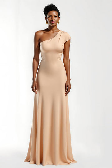 Champagne Sheath One Shoulder Satin Bridesmaid Dress